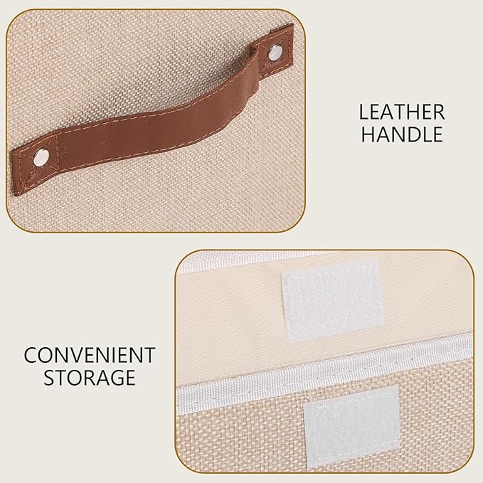 Yawinhe Collapsible Storage Boxes, Linen Fabric Baskets, Bin with lid and Leather Handle, Washable, for Home, Closet, Beige, 17.7''Lx11.8''Wx11.8''H, 1-Pack, USNK024BEX-1