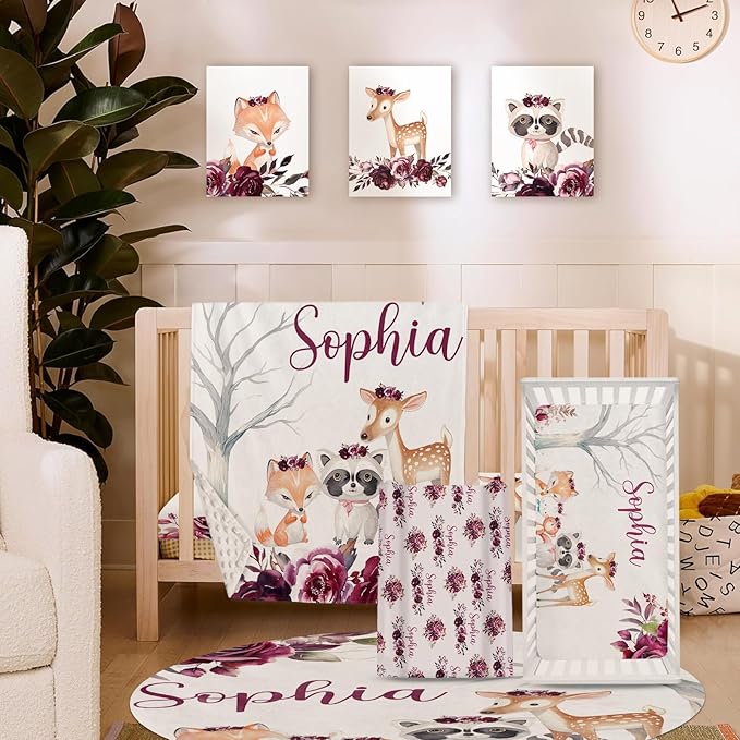 Personalized Baby Crib Bedding Set for Baby Girls, Rose Animal Pattern Custom Name 5-Pcs, Toddler Double Layer Blanket Fitted Sheets Changing Pad Cover Rug Wall Art Set
