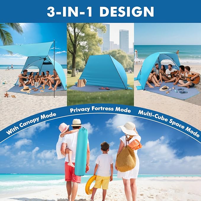 Elegear Beach Tent with Canopy, 1-Second Setup Pop Up Sun Shelter Shade, UPF 50+ UV Protection Silver-Coated Lightweight Portable Beach Cabana