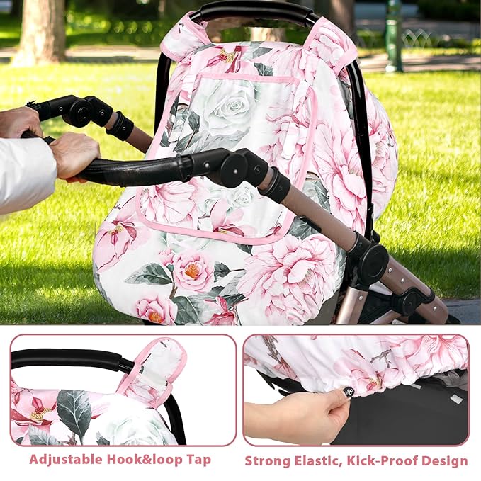 Pea Pod Car Seat Cover for Baby Girls, Floral Infant Car Seat Canopy Cover for Newborn, with 2 Layers Windows of Breathable Mesh/Fabric, 3D Minky Dot Backing, Ultra Soft & Comfortable