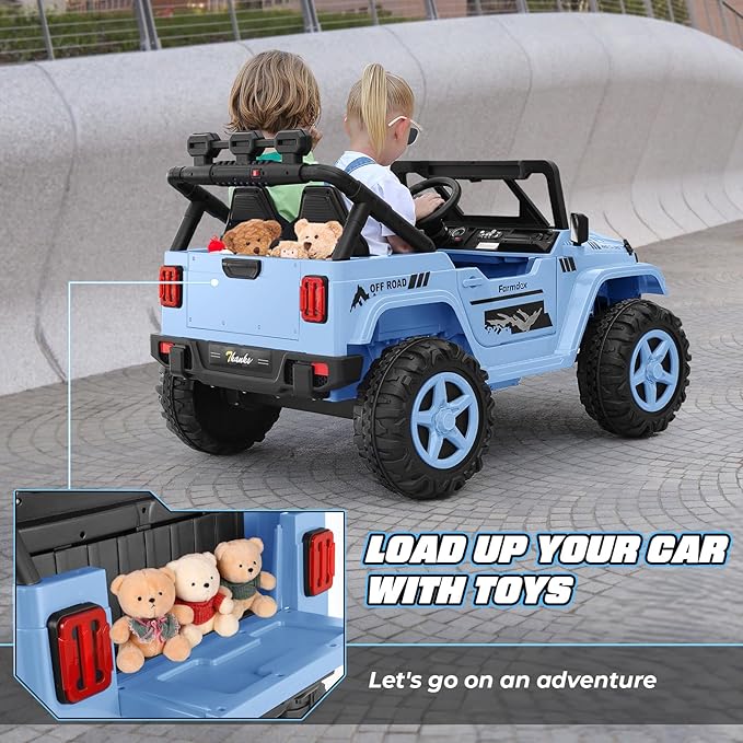 Hikole 2 Seater XL Ride on Cars for Kids - 24V Electric Car with 20 Inch Wide Seat, 4WD/2WD Switch, Remote Control, LED Lights, Music Player, Battery Powered Car for Kids, Blue-Gray
