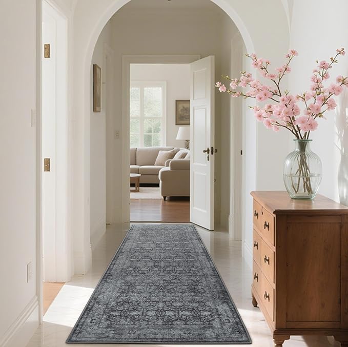 2'6"x8' Washable Runner Rug for Hallway, Non Slip Vintage Floral Long Carpet Runners for Entryway, Kitchen, Bathroom, Bedroom, Low Pile Laundry Rugs with Rubber Backing (Distressed Grey)