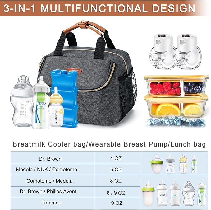 Breastmilk Cooler Bag with Ice Pack Fits 6 Baby Bottles up to 9 Ounce, Wearable Breast Pumps Cooler Bag for Nursing Mom Daycare, Work, Travel- Dark Grey