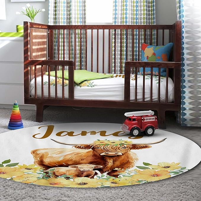 Personalized Baby Crib Bedding Set, 5-Piece Highland Cow Design Baby Crib Sets with Custom Name, Toddler Double Layer Blanket Fitted Sheets Changing Pad Cover Rug Wall Art Set, Charming Nursery Decor