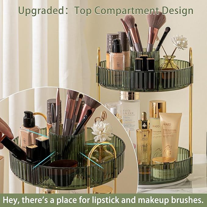 Rotating Makeup Organizer for Vanity, High-Capacity Skincare Clear Make Up Storage Perfume Organizers Cosmetic Dresser Organizer Countertop 360 Spinning (Green, New-2 Tier)
