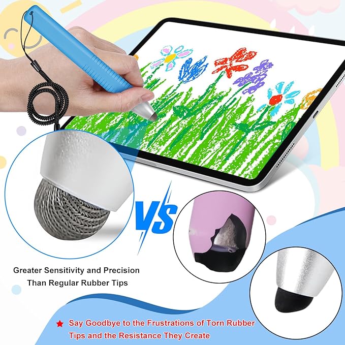 2pcs Kid-Friendly Stylus Pens for Touch Screens, Tablet Stylus Pen with Spring Cord Universal Touch Screen Capacitive Crayon Stylus Blue Yellow