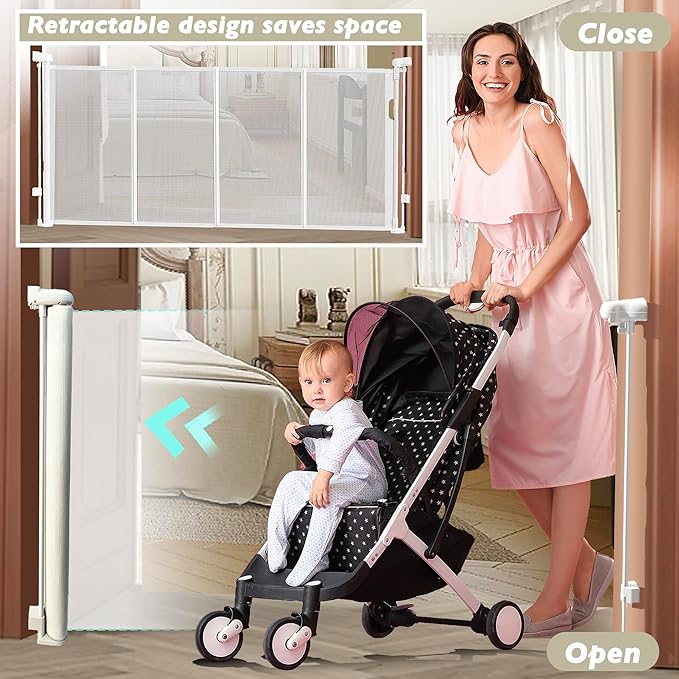 150" Extra Wide Retractable Baby Gates Dog Gate for Large Opening, 41" Extra Tall Mesh Pet Gate, Long Child Safety Gates with Fiberglass Rods for Stairways, Doorways, Hallways - Indoor/Outdoor Use