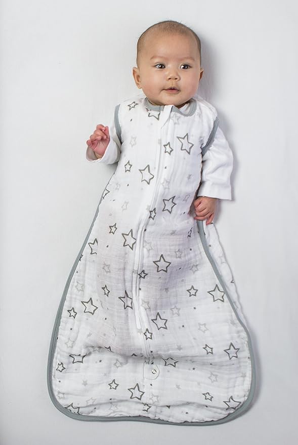 Amazing Baby Cotton Muslin Sleeping Sack, For Baby Boy or Girl, Wearable Blanket with 2-way Zipper, Stars, Sterling, Small (0-6 Month)