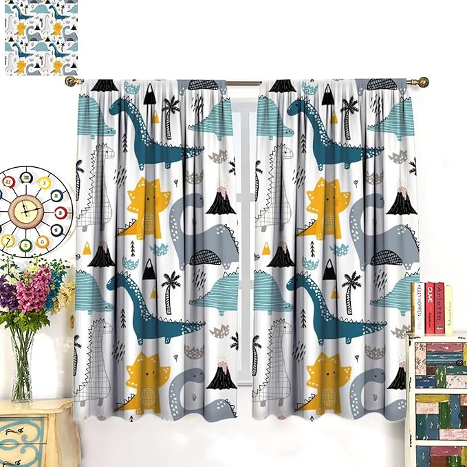 Kids Dinosaur Curtains for Boys Girls Bedroom Decor Cartoon Dino Colorful Cute Funny Wildlife Animal Printed Blackout Rod Pocket Window Drapes for Baby Nursery Playroom Living Room W42xL84in 2 Panels