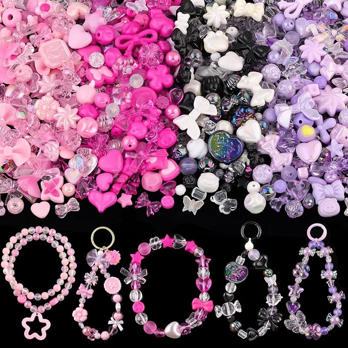 Assorted 180-240PCS Acrylic Beads for Bracelet Making,Flower Bow Butterfly Candy GummyBear Kawaii Aesthetic Bracelet Charms, Cute Beads for Jewelry Making Necklace Keychain Phone Charms DIY