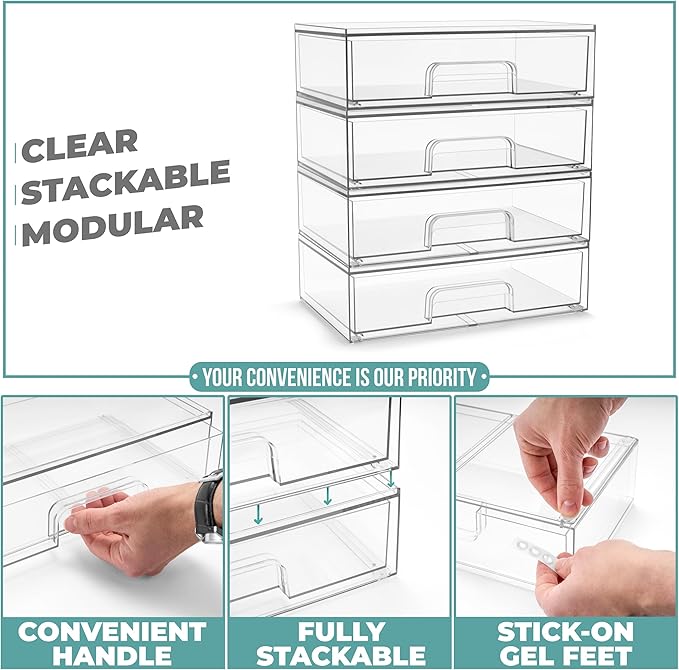 Sorbus Acrylic Storage Containers - 4 Pack, Stackable Storage Bins Set for Bathroom Organization - Clear Acrylic Drawer Organizers - Makeup Case Pull-Out Drawers (12.1’’ Wide)