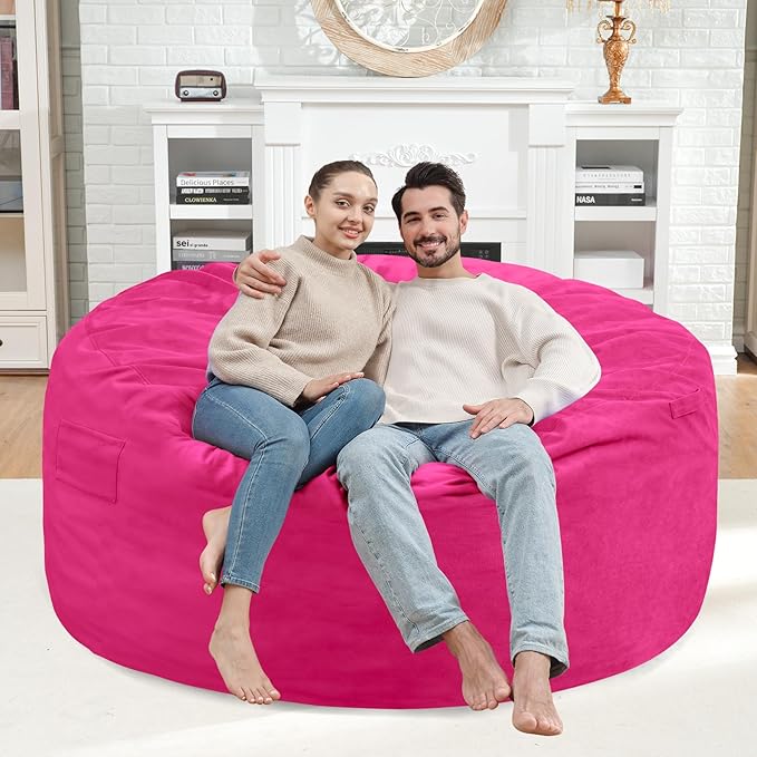 4FT Bean Bag Chair, Large Bean Bag Chairs with Memory Foam Filled, Fluffy Beanbag Sofa with Dutch Velvet Cover, Round BeanBag Chairs for Living Room, Playroom - Pink