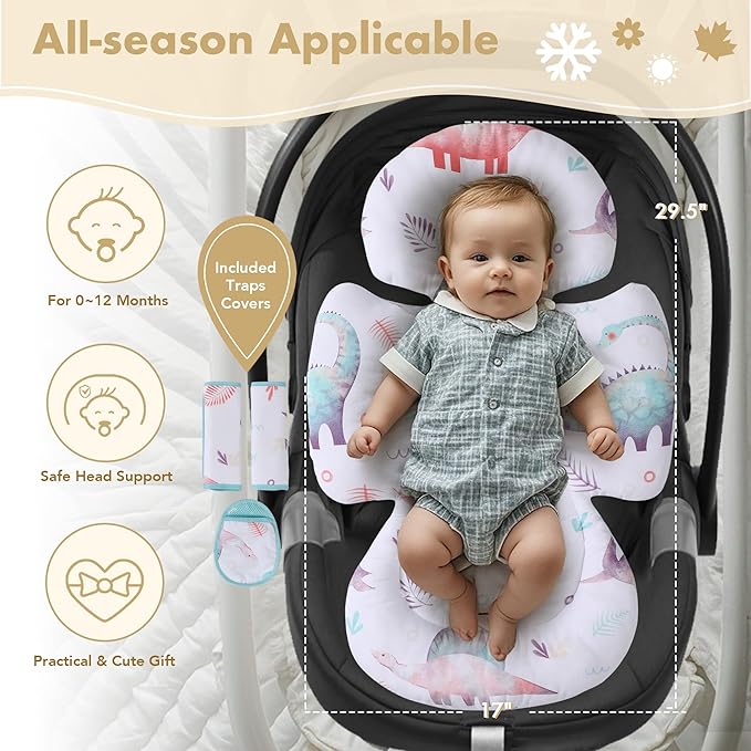 Infant Car Seat Insert, 2-in-1 Head & Body Carseat Support for Baby Newborn Toddler with Strap Covers, Reversible Ultra-Soft Cushion for Baby Carseat, Stroller, Swing & Bouncer