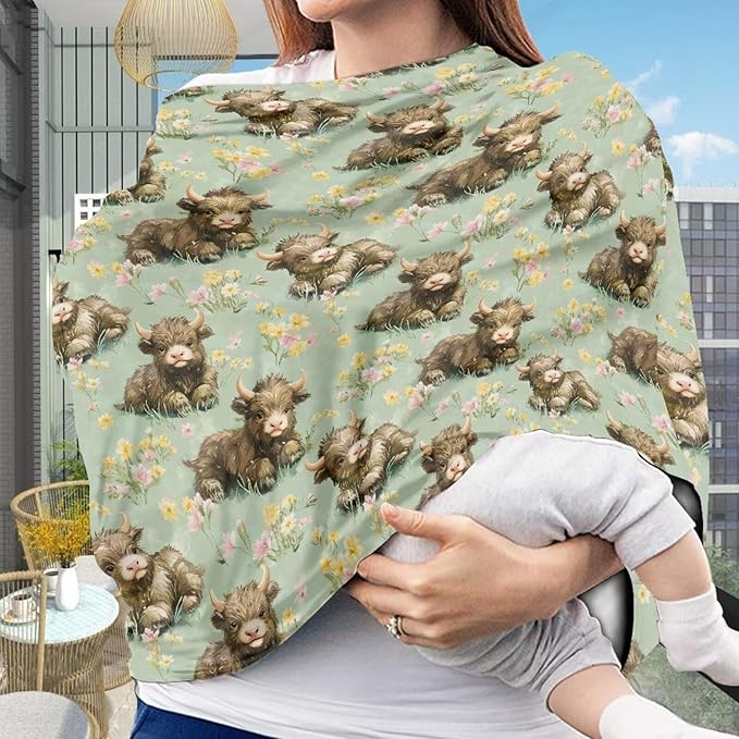 Binienty Highland Cow Baby Car Seat Cover for Boys Girls,Boho Floral Infant Carseat Cover Multi Use Baby Nursing Cover, Shopping Cart/High Chair/Stroller Cover