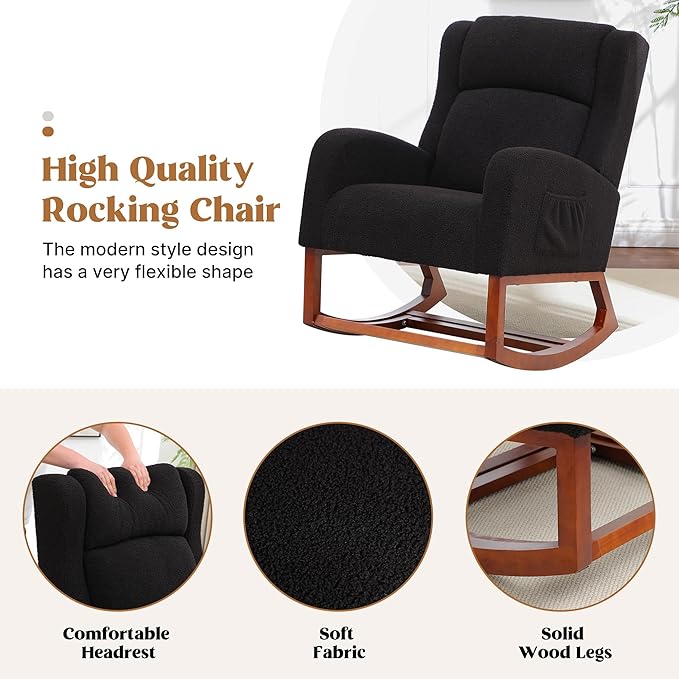 Rocking Chair Nursery, Nursing Rocking Chairs for Mom Nursery, Comfy Wingback Glider Rocking Armchair with Foot Rest and Side Pocket for Nursery Living Room Bedroom, Walnut Black