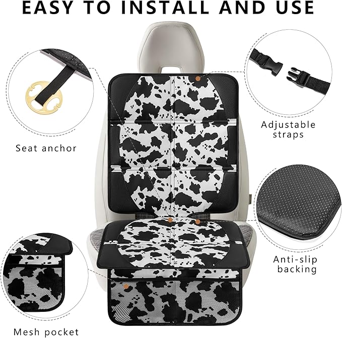 Car Seat Protector for Child Car Seat, 2 Pack Baby Car Seat Covers with Mesh Pockets & Non-Slip Backing 600D Durable Seat Protector Under Baby Car Seat for Car Back Seat (Cow Print, Large)
