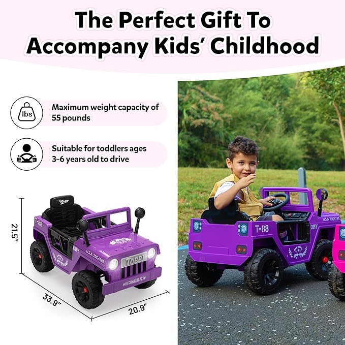 TOBBI 12V Kids Electric Ride On Car Toy, Children Battery Powered Truck to Drive, Motorized Vehicles for Toddlers 3-6 with with Off-Road Wheels/Suspension/Horn/LED Lights-Purple