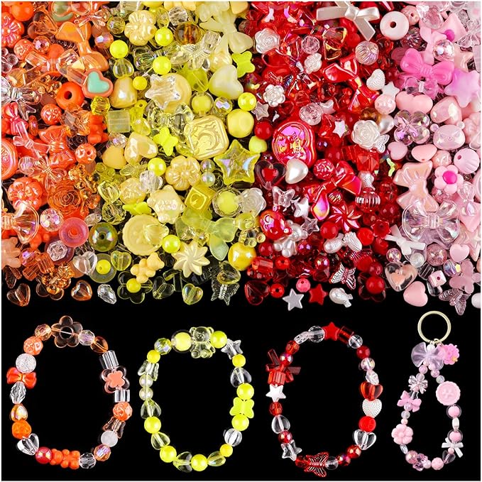 Assorted 180-240PCS Acrylic Beads For Bracelet Making, Flower Bow Butterfly Candy Gummy Bear Kawaii Aesthetic Bracelet Charms,Cute Beads For Jewelry Making DIY Necklace Keychain Phone Charm