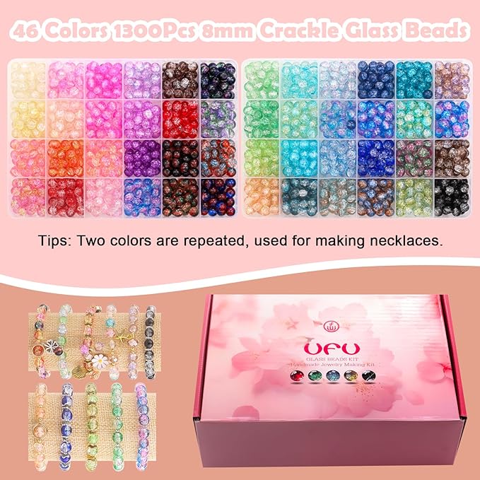 UFU 8mm Glass Beads for Jewelry Making, 1300+ Pcs 46 Colors Crackle Glass Beads Bracelet Making Kit, Round Crystal Beads for Bracelets Necklace DIY Crafts Gifts, Without Jewelry Pliers