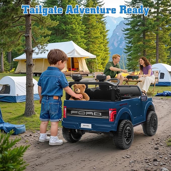 24V Ride on Car Licensed Ford F-150 Raptor, Kids Electric Car with Remote Control, LED Light/Music/MP3, Truck Bed Storage, 3-Point Seat Belt (24V, Blue)