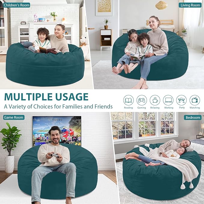 3FT Bean Bag Chair, Comfy Bean Bag Chairs with Memory Foam Filled, Fluffy Beanbag Sofa with Dutch Velvet Cover, Round BeanBag Chairs for Living Room, Playroom - Sea Blue