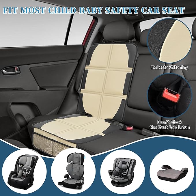 Car Seat Protector for Child Car Seat, 2 Pack Baby Car Seat Covers with Mesh Pockets & Non-Slip Backing 600D Durable Seat Protector Under Baby Car Seat for Car Back Seat (Beige, Large)