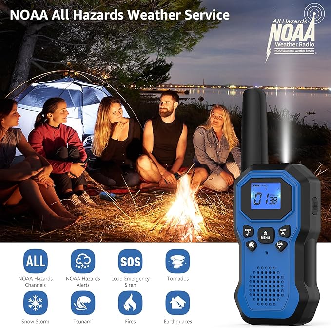 2 Way Radios for Adults Long Range Walkie Talkies for Kids Rechargeable 4 Pack, Camping Hiking Skiing Cruising Gear with Lamp, USB-C, SOS Siren, NOAA Alert, iVOX Hands-Free, One-Touch Pairing