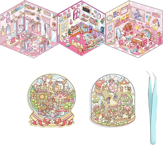 5 Set 3D Sticker Scene,Fun Room Sticker Book,Fun Stacking Miniature Scene Stickers,Make Your Own Stickers, 5 Set Cute Cartoon Sticker Therapy for Adults Kids