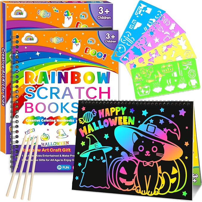 ZMLM Scratch Paper Art Craft: 2 Pack Rainbow Scratch Set for 3 4 5 6 7 8 9 10 Years Old Girls Boys Students Drawing Coloring Black Magic Art Supplies Kits Gifts School Birthday Party Toys(Halloween)