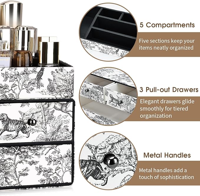 GORESE Leather Makeup Organizer with 3 Drawers for Vanity, Stackable Skincare Holder Dresser Organizer Countertop, Make Up Storage Organizers Counter Cosmetic Display Case Gift for Women(Retro Black)