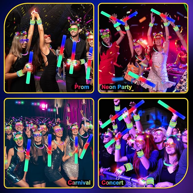 282 PCS Glow in the Dark Party Supplies, 18 Foam Sticks, 18 LED Glasses, 200 Glow Sticks, 30 Finger Lights, 8 Bunny Ear Headband and 8 LED Cat Ear Headband for Wedding,Birthday,Concert,New Year