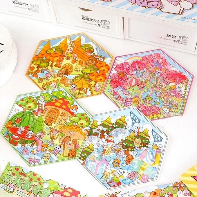 4 Sets DIY 3D House Stickers - Four Seasons Theme: Create Your Own Cute Cartoon Miniature Scene Sticker Art Kit for Kids & Adults, Stress Relief (Spring Summer Autumn Winter Theme)