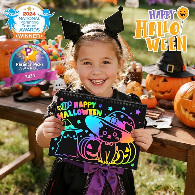 ZMLM Scratch Paper Art Craft: 2 Pack Rainbow Scratch Set for 3 4 5 6 7 8 9 10 Years Old Girls Boys Students Drawing Coloring Black Magic Art Supplies Kits Gifts School Birthday Party Toys(Halloween)