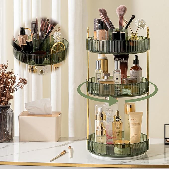 Rotating Makeup Organizer for Vanity, High-Capacity Skincare Clear Make Up Storage Perfume Organizers Cosmetic Dresser Organizer Countertop 360 Spinning (Green, New-3 Tier)
