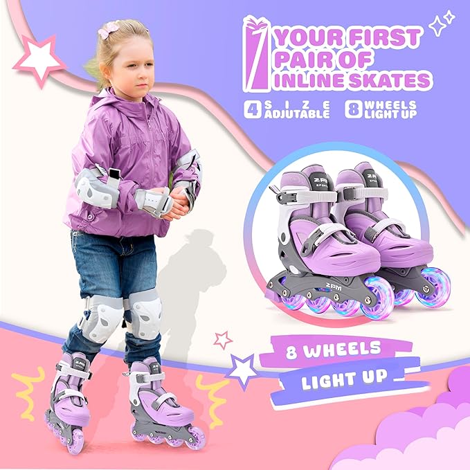2PM SPORTS Inline Skates with Light Up Wheels, Roller Skates Blades for Boys Girls Kids Ages 5-8 8-12 4-6 6-12, Size Adjustable Beginner Blades Roller Skates