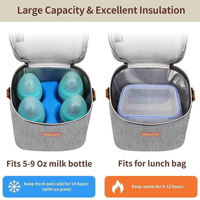 Mancro Insulated Breastmilk Cooler Bag Fits 4 Baby Bottles Up to 9 Ounce，Compact Baby Bottle Travel Bag with Ice Pack for Nursing Mom, Grey