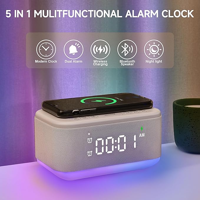Alarm Clock Speaker Wireless Charger, Digital Alarm Clocks Bedrooms Bluetooth, Alarm Clock Dimmable Light Bedrooms Dual Alarm Snooze Dimmer 12 24H RGB Night Light Bluetooth USB AUX, White