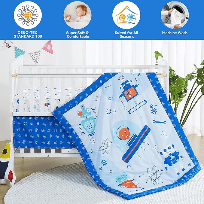 Viviland 3 Pieces Baby Bedding Set for Boy Girls, Baby Bedding Set for Newborn, Infant & Toddler - Robot