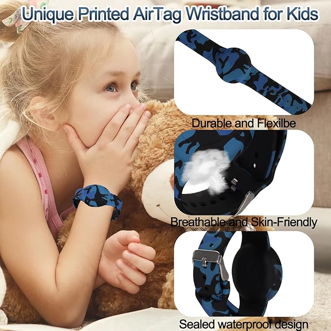 2 Pack Waterproof Bracelet for AirTag Kids, Hidden Printed Wristband for Apple Air Tag, Silicone Holder for AirTag GPS Tracker Case for Band for Child Toddler, Secure Anti-Lost Protection(Camouflage)