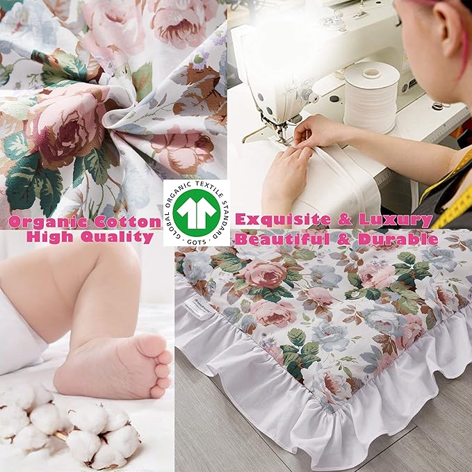 Brandream French Country Garden Floral Crib Bedding Sets for Girls Baby Nursery Bedding Set 3 Piece Ruffled Baby Quilt, Crib Sheet, Crib Skirt - White Blush Pink Green