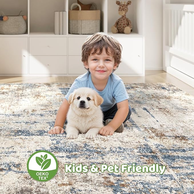 10x12 Area Rug Living Room: Washable Large Abstract Modern Soft Rugs Stain Resistant Indoor Floor Non Slip Accent Carpet for Bedroom Nursery Playroom Office Dining Room Dorm Home House- Tan Blue