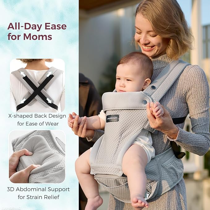 Momcozy Baby Carrier with Hip Seat, 2-in-1 Forward-Facing Carry for Active Babies, Detachable Hands-Free Carrier up to 44lbs, Breathable Infant Carrier Fits Waist Sizes up to 45 Inches, AirMesh Grey