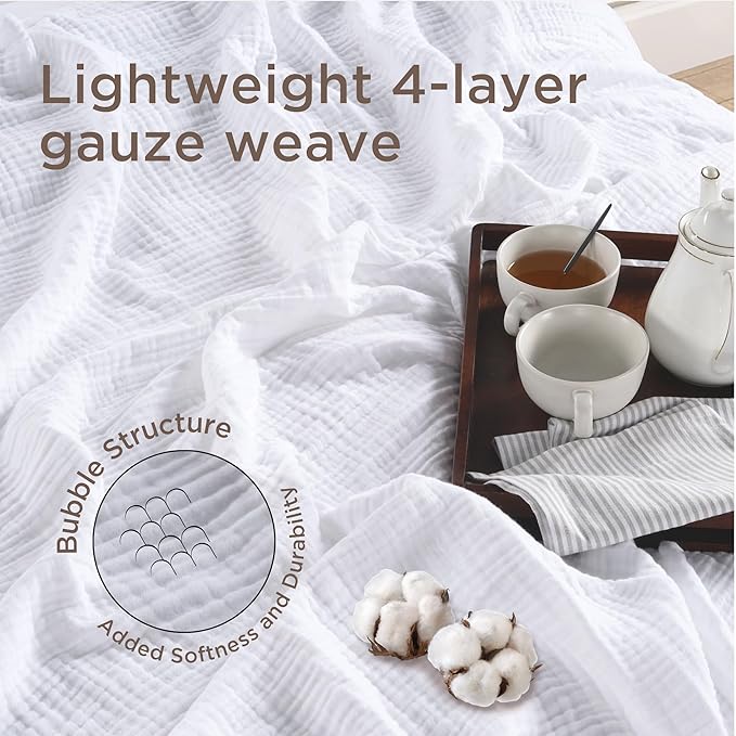 Threadmill Muslin Twin Blanket | Soft, Breathable and Lightweight Summer Blanket | 4-Layer Gauze for Kids and Adults | Twin Size | White