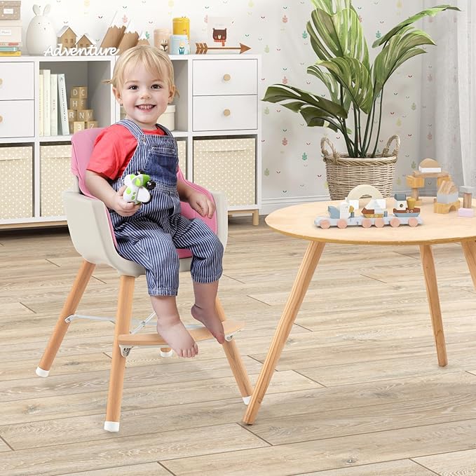 HONEY JOY High Chair, 3-in-1 Eat & Grow Wooden Highchair/Booster Seat/Toddler Chair with Removable Tray, 5-Point Harness, PU Cushion and Footrest for Baby, High Chair for Babies and Toddlers(Pink)