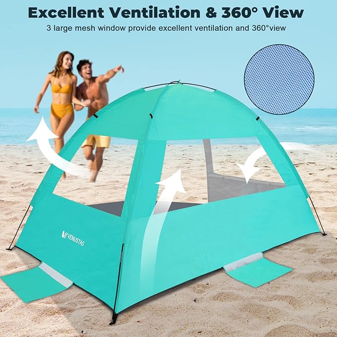 Venustas Beach Tent Sun Shelter for 3/4-5/6-7/8-10 Person, UPF 50+ UV Protection Beach Canopy, Lightweight and Easy Setup Cabana, Portable Shade Tent