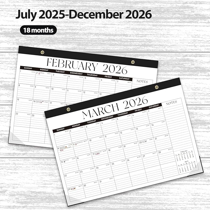 Desk Calendar 2025-2026, Monthly Desktop Large Calendar Runs Until December 2026 17" x 12" Desk Wall Planner for Family Office Teacher School, Black-White