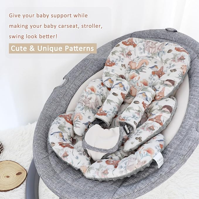 Infant Car Seat Insert, Car Seat Head Support Baby Girls Boys, Soft & Reversible Newborn Carseat Insert Cushion with 2 Strap Covers, for Stroller, Swing, Bouncer (Gray Animals)