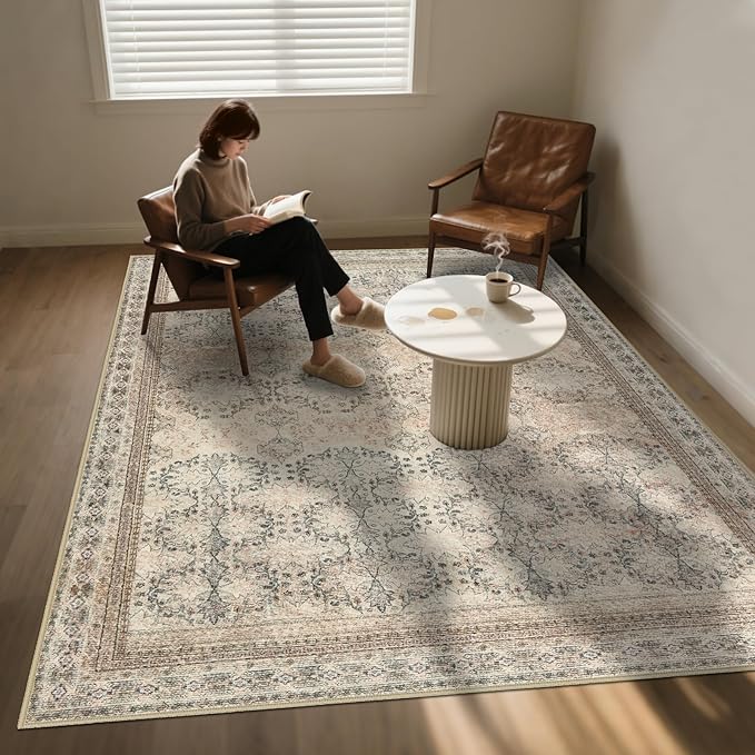 4x6 Area Rug for Bedroom Machine Washable, Non Slip Vintage Floral Kitchen Rugs for Dining Room, Rustic Indoor Floor Carpet for Nursery, Farmhouse, Office Classroom Beige/Pink/Orange