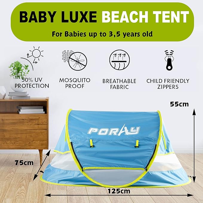 Poray Portable Baby Beach Tent with UPF 50+ Sun Shelter,Mosquito Net and Sunshade, Ideal Pop Up Kids Travel Tent with Carry Bag & 2 Stakes,Outdoor Indoor Play and Sun Protection
