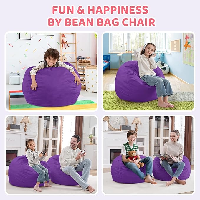 2FT Bean Bag Chair, Comfy Bean Bag Chairs with Memory Foam Filled, Fluffy Beanbag Sofa with Dutch Velvet Cover, Teardrop BeanBag Chairs for Living Room, Playroom - Purple